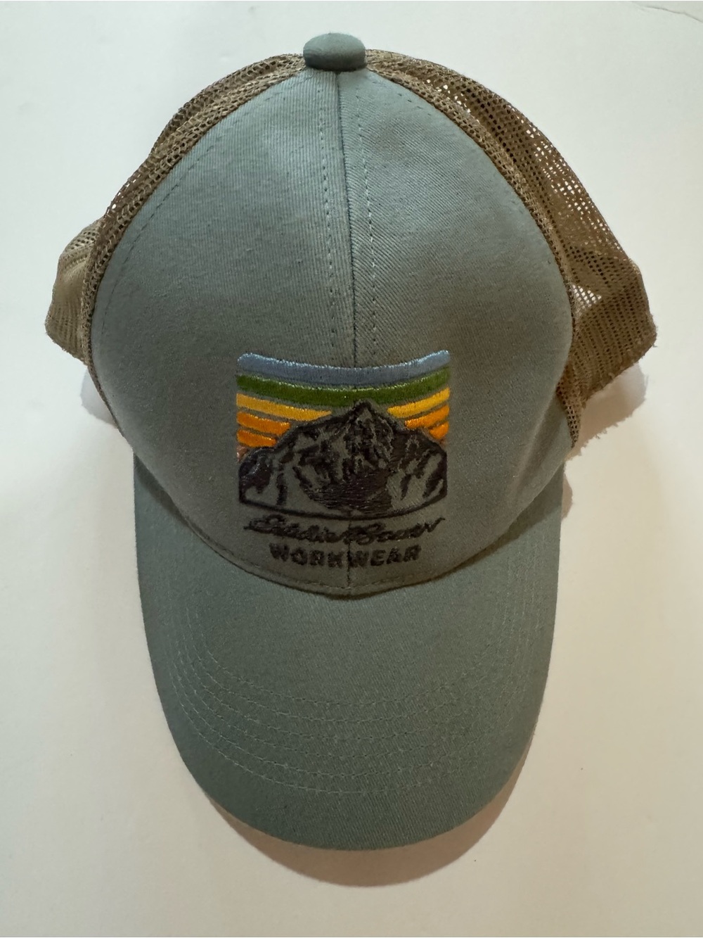 Eddie Bauer Sage Green and Brown Mesh Trucker Hat with Mountain Patch